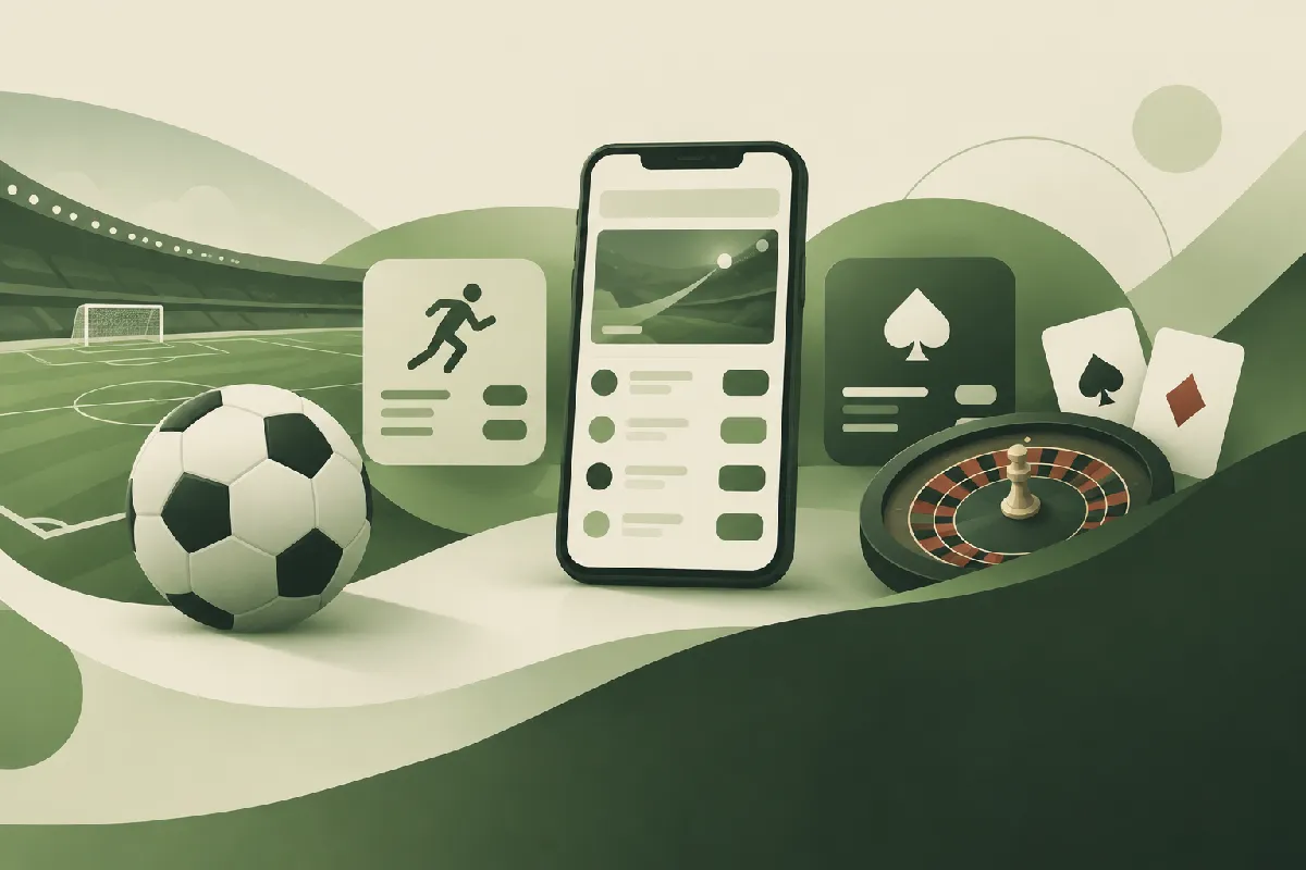 Zeytin yeşili ve krem tonlarındaki soyut spor, oyun ve telefon illüstrasyonları bets10 nedir rehberinin temel başlıklarını betimliyor.