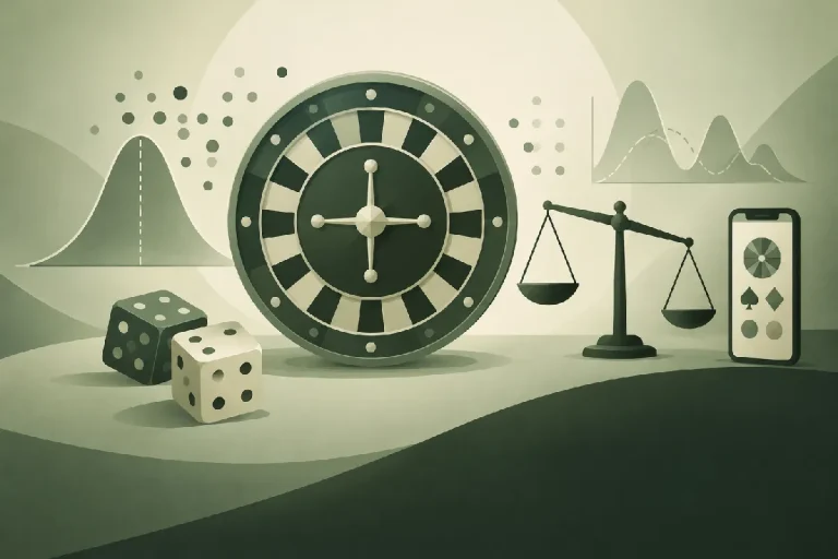 Zeytin yeşili ve krem tonlarındaki soyut oyun çarkı, olasılık noktaları ve denge şekli casino kasa avantajı kavramını betimliyor.